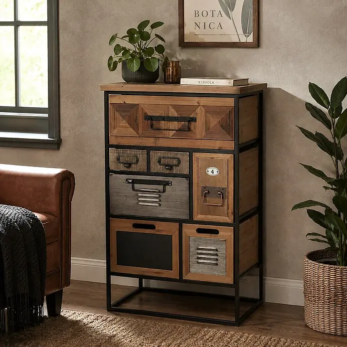 Mendler Kommode HWC-Q78 - L x B x H: 53 x 31 x 84 cm, Mehrfarbig, Anzahl Schubladen: 7 Stk. - Hoher Holz-Metall-Schrank mit vielfältigen Schubladenfronten in einem eklektischen Wohnzimmer.
