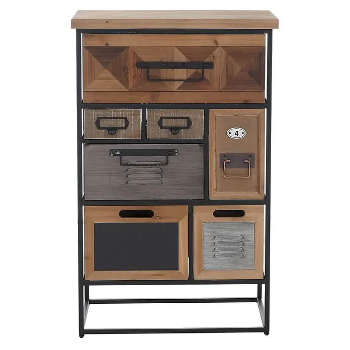 Mendler Kommode HWC-Q78 - L x B x H: 53 x 31 x 84 cm, Mehrfarbig, Anzahl Schubladen: 7 Stk. - Rustikale Industriekommode mit Holz- und Metallelementen, unterschiedlichen Schubladen in schwarzem Rahmen.