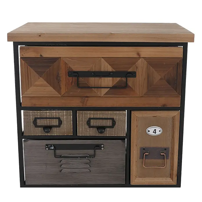 Mendler Kommode HWC-Q78 - L x B x H: 53 x 31 x 84 cm, Mehrfarbig, Anzahl Schubladen: 7 Stk. - Rustikaler Holz- und Schwarzmetall-Schubladenschrank mit verschiedenen Schubladenfronten und Griffen, darunter geometrische Muster und die Nummer '4'.