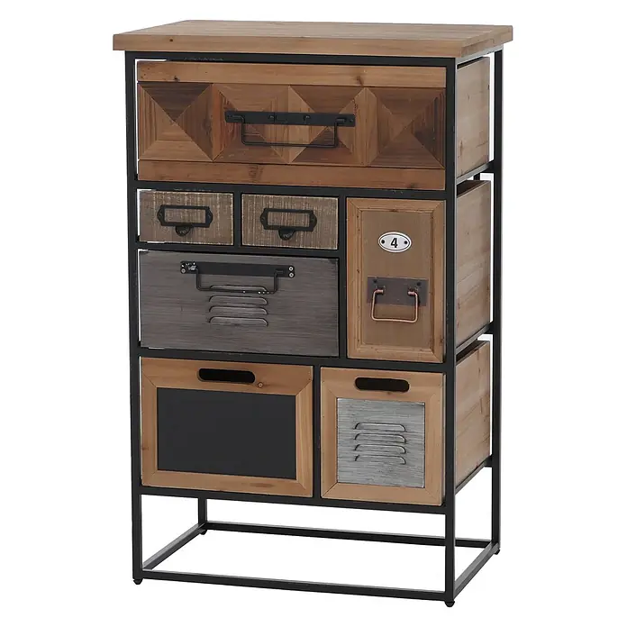 Mendler Kommode HWC-Q78 - L x B x H: 53 x 31 x 84 cm, Mehrfarbig, Anzahl Schubladen: 7 Stk. - Industrieller Aufbewahrungsschrank mit schwarzem Metallrahmen und verschiedenen Holzschubladen, unterschiedliche Griffe und Oberflächen.