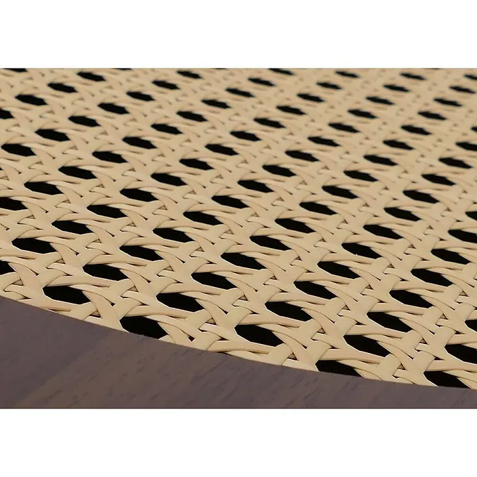 Mendler Kommode HWC-P52 Poly-Rattan MDF Melamin 95x100x40cm - Walnuss-Optik -  - Helles beigefarbenes Korbflechtmuster mit dunkler, offener Webart auf einer Möbeloberfläche.