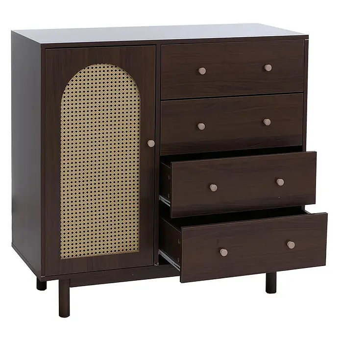 Mendler Kommode HWC-P52 Poly-Rattan MDF Melamin 95x100x40cm - Walnuss-Optik -  - Dunkelbrauner Holzschrank mit Rattantür und vier Schubladen, zwei davon teilweise geöffnet, mit hellen Holzknöpfen.