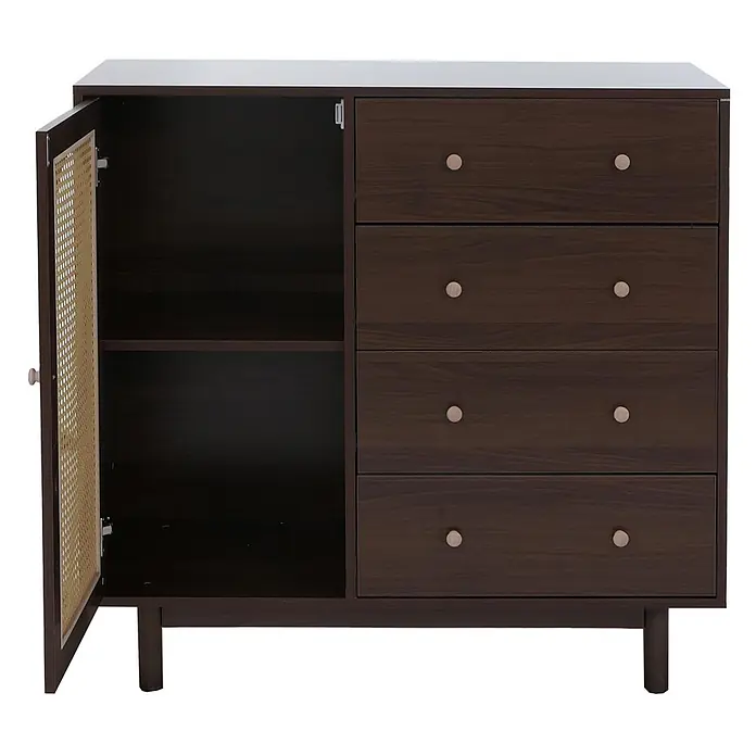 Mendler Kommode HWC-P52 Poly-Rattan MDF Melamin 95x100x40cm - Walnuss-Optik -  - Dunkelbrauner Holzschrank mit offener Rattantür, die Regale und vier Schubladen mit Holzknöpfen zeigt.