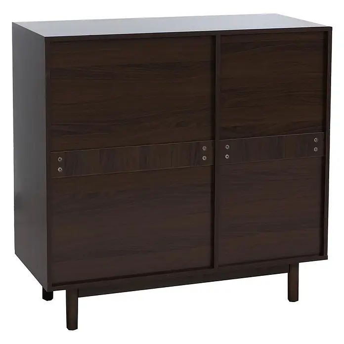 Mendler Kommode HWC-P52 Poly-Rattan MDF Melamin 95x100x40cm - Walnuss-Optik -  - Dunkelbrauner Holzschrank mit zwei Schiebetüren auf kurzen Beinen.