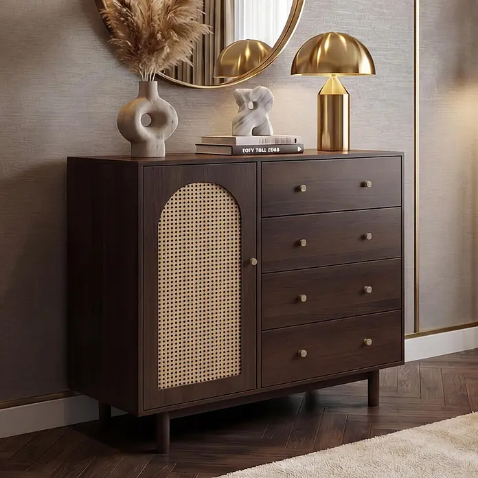 Mendler Kommode HWC-P52 Poly-Rattan MDF Melamin 95x100x40cm - Walnuss-Optik -  - Dunkelbraune Holzkommode mit Rattangeflecht-Tür und Messinggriffen, in einem stilvollen Raum.