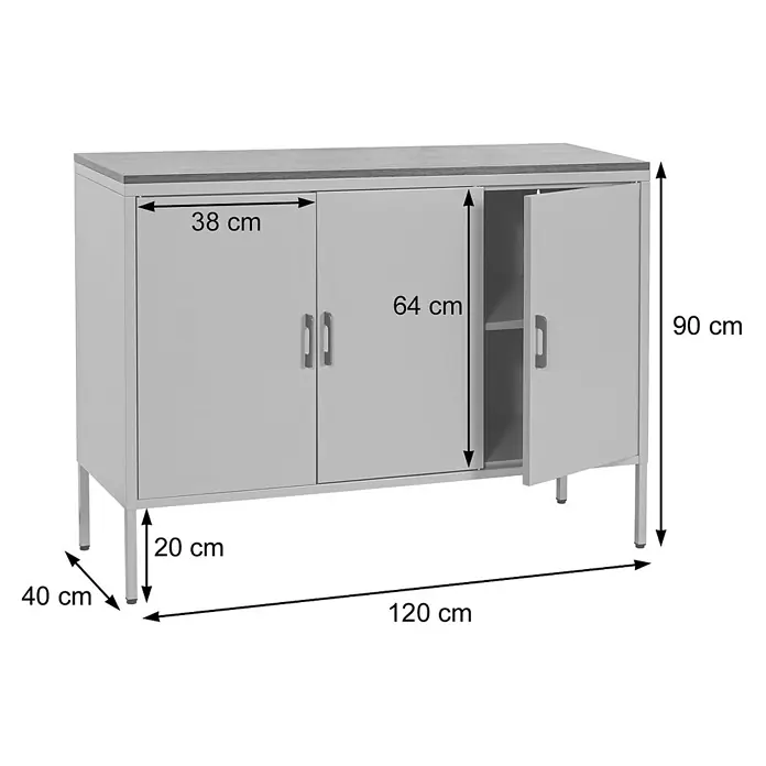 Mendler Kommode HWC-L84 - L x B x H: 120 x 40 x 90 cm, Grau - Grauer dreitüriger Aufbewahrungsschrank mit Metallbeinen, 120 cm breit, 90 cm hoch, 40 cm tief.