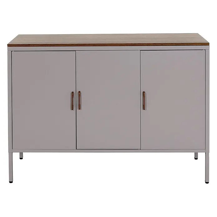 Mendler Kommode HWC-L84 - L x B x H: 120 x 40 x 90 cm, Grau - Hellgrauer Metallschrank mit drei Türen, braunen Griffen und Holzplatte.