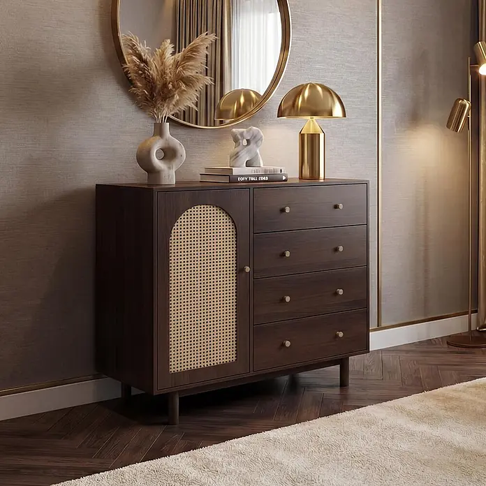 Mendler Kommode HWC-P52 Poly-Rattan MDF Melamin 95x100x40cm - Walnuss-Optik -  - Dunkler Holzschrank mit Rattantür und mehreren Schubladen, goldene Knöpfe, in stilvollem Raumambiente.