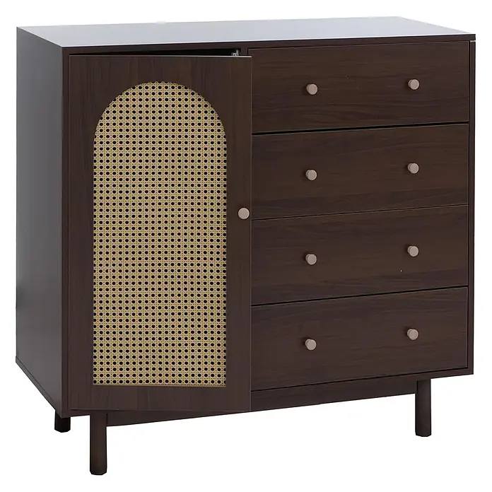 Mendler Kommode HWC-P52 Poly-Rattan MDF Melamin 95x100x40cm - Walnuss-Optik -  - Dunkelbraune Kommode mit vier Schubladen und einem Schrank mit gewölbter Rattanplatte, hellen Holzknöpfen und dunklen Beinen.