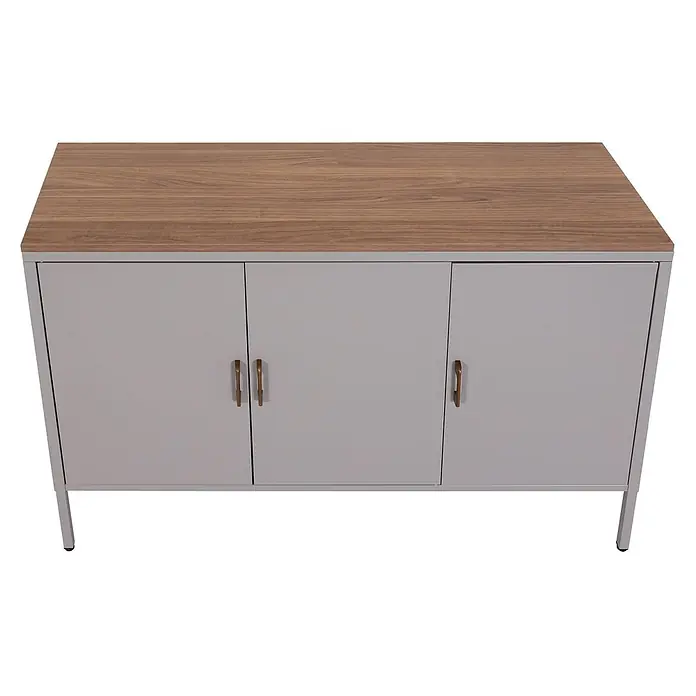 Mendler Kommode HWC-L84 - L x B x H: 120 x 40 x 90 cm, Grau - Hellgrauer Dreitürenschrank mit Holzplatte und bronzefarbenen Griffen.