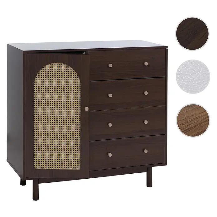 Mendler Kommode HWC-P52 Poly-Rattan MDF Melamin 95x100x40cm - Walnuss-Optik -  - Dunkelbraune Holzkommode mit Rattan-Tür und vier Schubladen mit hellen Holzknöpfen.