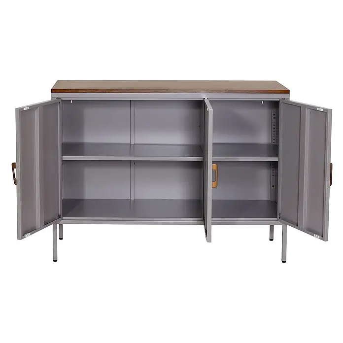 Mendler Kommode HWC-L84 - L x B x H: 120 x 40 x 90 cm, Grau - Grauer Metallschrank mit Holzplatte, offene Türen zeigen Regale und braune Griffe.
