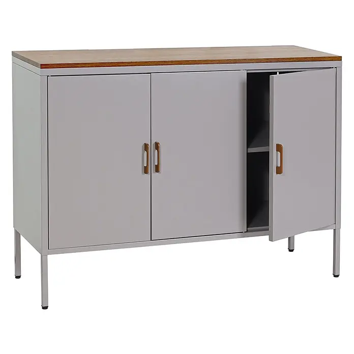 Mendler Kommode HWC-L84 - L x B x H: 120 x 40 x 90 cm, Grau - Grauer Metallschrank mit Holzplatte, Holzgriffen und einer geöffneten Tür, die ein Innenregal zeigt.