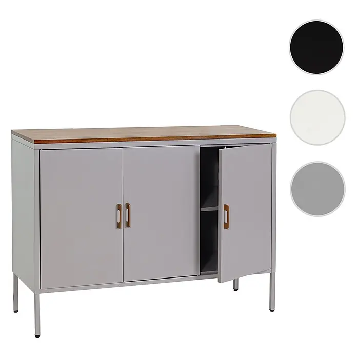 Mendler Kommode HWC-L84 - L x B x H: 120 x 40 x 90 cm, Grau - Helles graues Metall Sideboard mit Holzplatte und braunen Griffen. Eine Tür ist offen und zeigt ein Innenregal.