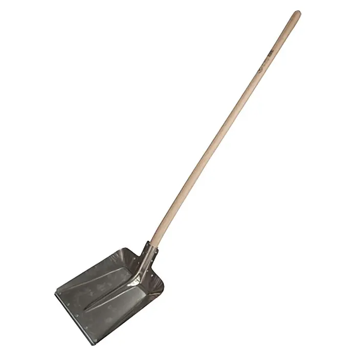 Gardol Alu-Randschaufel - Arbeitsbreite: 38 cm, Langstiel - Eine Industrieschaufel mit Holzgriff und einem rechteckigen, silberfarbenem Blatt, ideal für vielfältige Einsatzbereiche in Industrie und Handwerk.