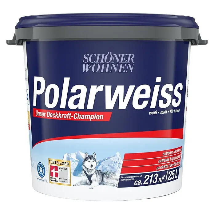 SCHÖNER WOHNEN-Farbe Wandfarbe Polarweiß - Weiß, Matt, 25 l, Abtönbar - Blauer und grauer Farbeimer für den Innenbereich, beschriftet mit Polarweiss (polarweiß) matt.