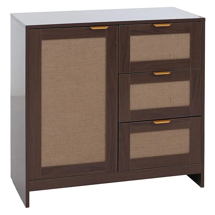 Mendler Kommode HWC-P50 MDF Melamin Leinenfront - Walnuss-Optik -  - Dunkelbrauner Holzschrank mit einer Tür und drei Schubladen, versehen mit hellbraunen Gewebeeinsätzen und goldfarbenen Griffen.