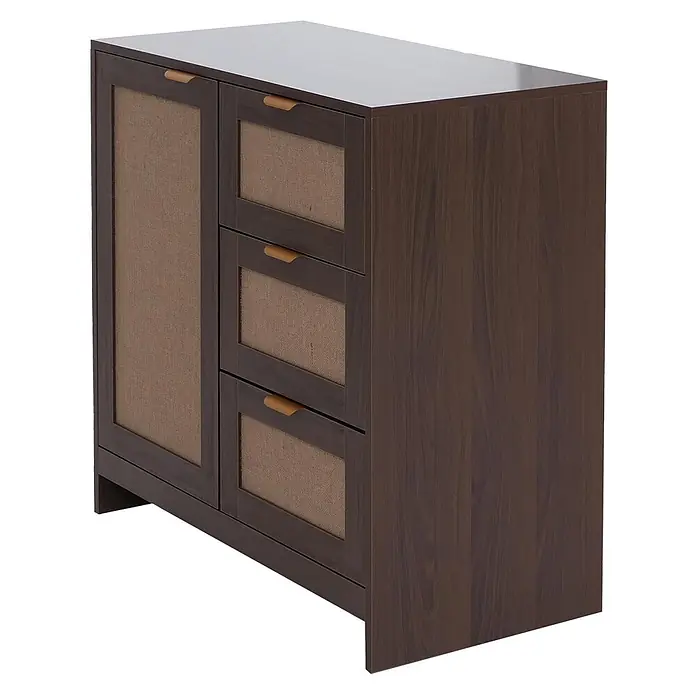Mendler Kommode HWC-P50 MDF Melamin Leinenfront - Walnuss-Optik -  - Dunkelbrauner Holzschrank mit einer Tür und drei Schubladen, mit gewebten Stoffeinsätzen und hellbraunen Grifflaschen.