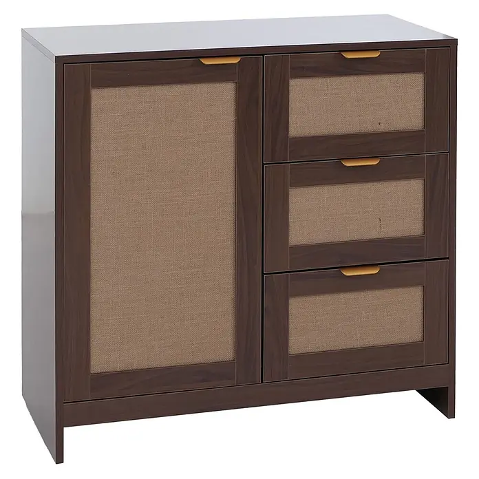 Mendler Kommode HWC-P50 MDF Melamin Leinenfront - Walnuss-Optik -  - Dunkelbraunes Holzschränkchen mit heller Platte, einer Tür und drei Schubladen. Mit Rattan-Einsätzen und gelben Griffen.