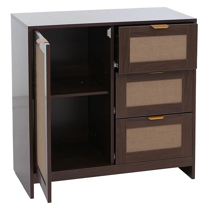 Mendler Kommode HWC-P50 MDF Melamin Leinenfront - Walnuss-Optik -  - Dunkelbrauner Holzschrank mit offener Tür, einem Einlegeboden und drei Schubladen mit Stoffeinsätzen und goldfarbenen Griffen, eine leicht geöffnet.