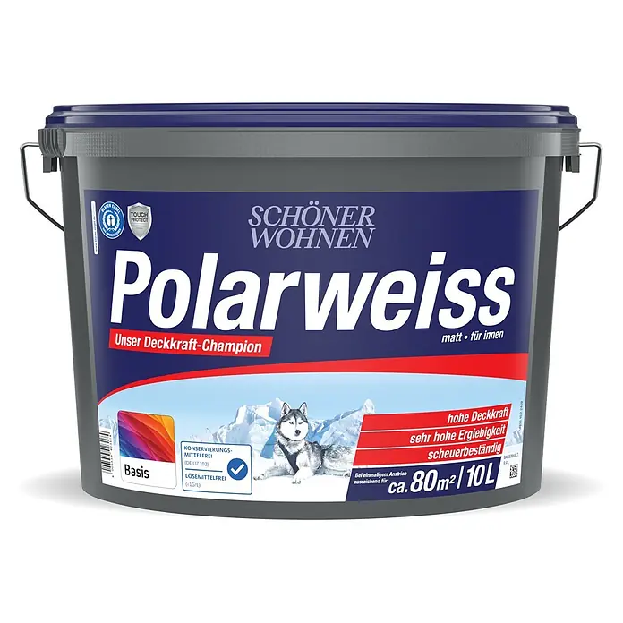 SCHÖNER WOHNEN-Farbe Mix Wandfarbe Polarweiß zum Mischen lassen - Basismischfarbe 4, Matt, 10 l, Abtönbar - SCHÖNER WOHNEN Polarweiss matte Innenfarbe, 10L dunkelblauer Eimer. Hohe Deckkraft, Ergiebigkeit, lösemittelfrei, für ca. 80m².