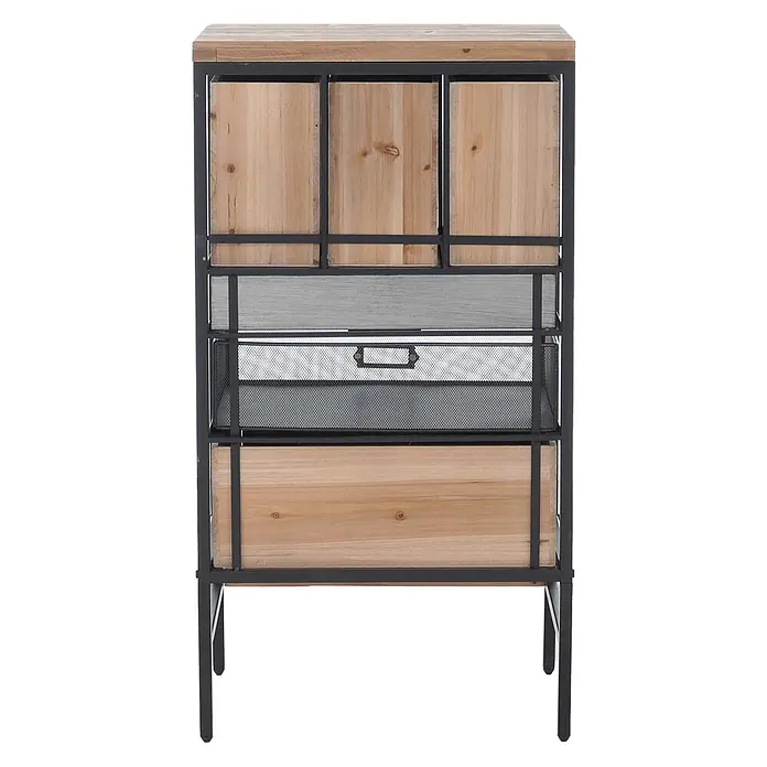 Mendler Apothekerkommode HWC-Q77, Industrial Holz Metall 85x46x35cm -  - Industrielle Aufbewahrungseinheit mit heller Holzplatte, schwarzem Metallrahmen, drei Holzkästchen, zwei Gitterkörben und einer Holzschublade.
