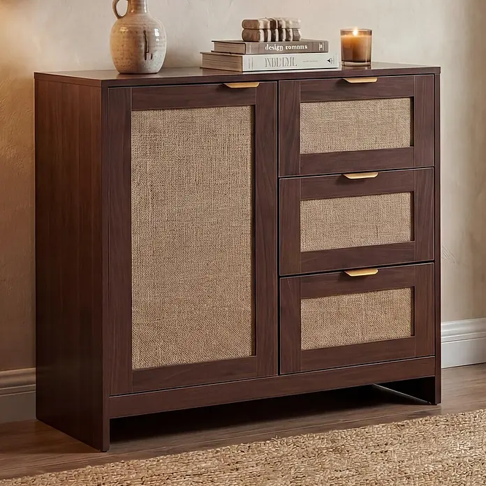 Mendler Kommode HWC-P50 MDF Melamin Leinenfront - Walnuss-Optik -  - Dunkelbrauner Holzschrank mit gewebter Tür und drei Schubladen, Messinggriffen, verziert mit Vase, Büchern und Kerze.