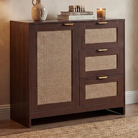 Mendler Kommode HWC-P50 MDF Melamin Leinenfront - Walnuss-Optik