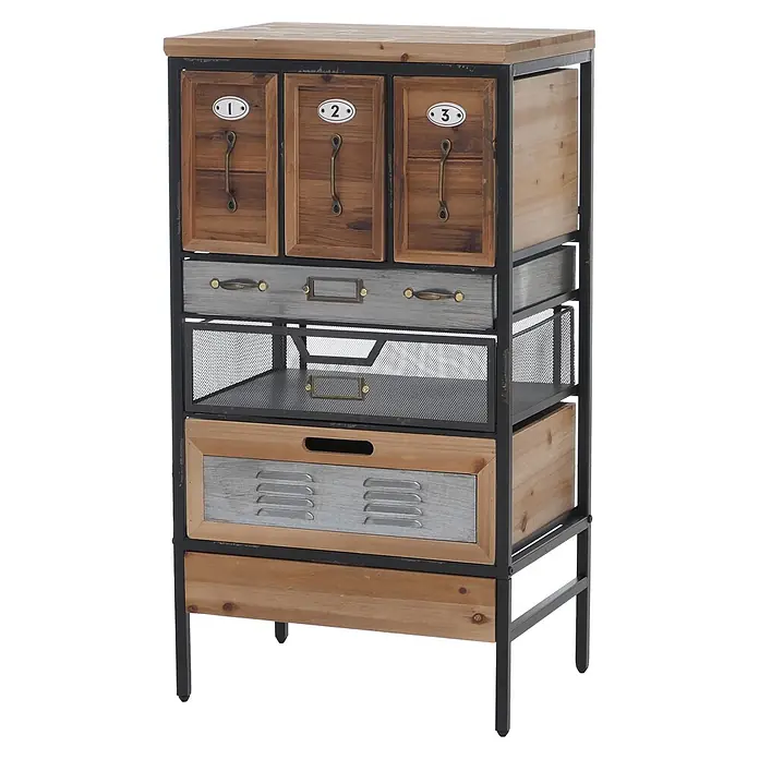 Mendler Apothekerkommode HWC-Q77, Industrial Holz Metall 85x46x35cm -  - Schrank im Industriestil mit verschiedenen Holz- und Metallschubladen, darunter nummerierte, graue, Gitter- und Lamellenfächer.