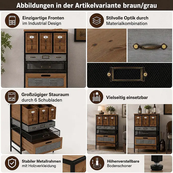 Mendler Apothekerkommode HWC-Q77, Industrial Holz Metall 85x46x35cm -  - Brauner und grauer Aufbewahrungsschrank im Industrial Design mit 6 Schubladen und höhenverstellbaren Füßen, detailreich und in verschiedenen Räumen gezeigt.