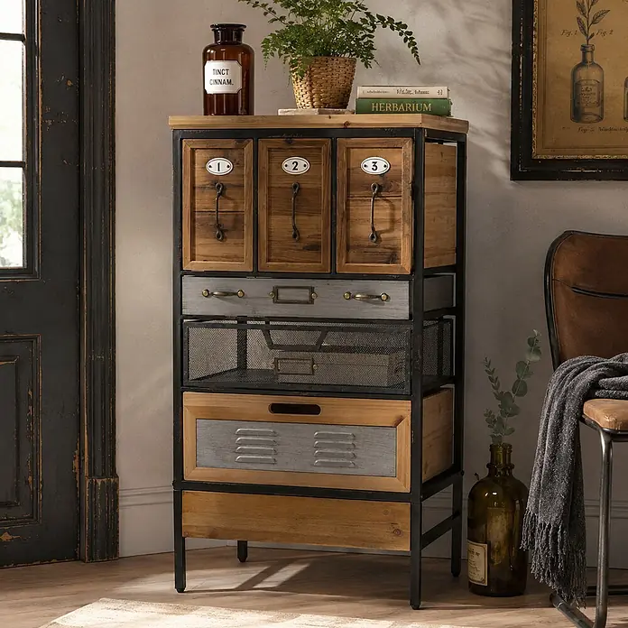 Mendler Apothekerkommode HWC-Q77, Industrial Holz Metall 85x46x35cm -  - Industrieller Holz- und Metall-Aufbewahrungsschrank mit schwarzem Rahmen, nummerierten Schubladen, einem Gitterregal und verschiedenen Fächern.