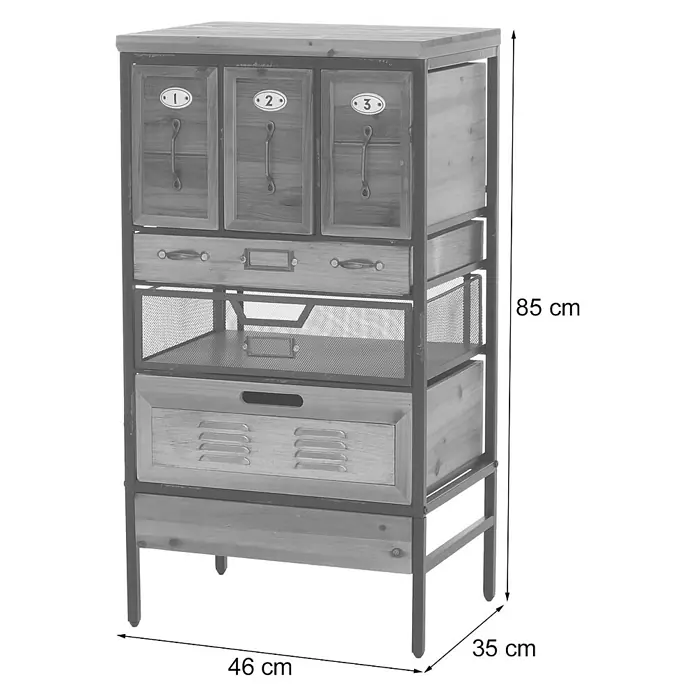 Mendler Apothekerkommode HWC-Q77, Industrial Holz Metall 85x46x35cm -  - Industrieller Schrank aus Holz und Metall, 85x46x35 cm, mit drei nummerierten Schubladen, einer breiten Schublade, einem Gitterregal und einer Lamellenschublade.