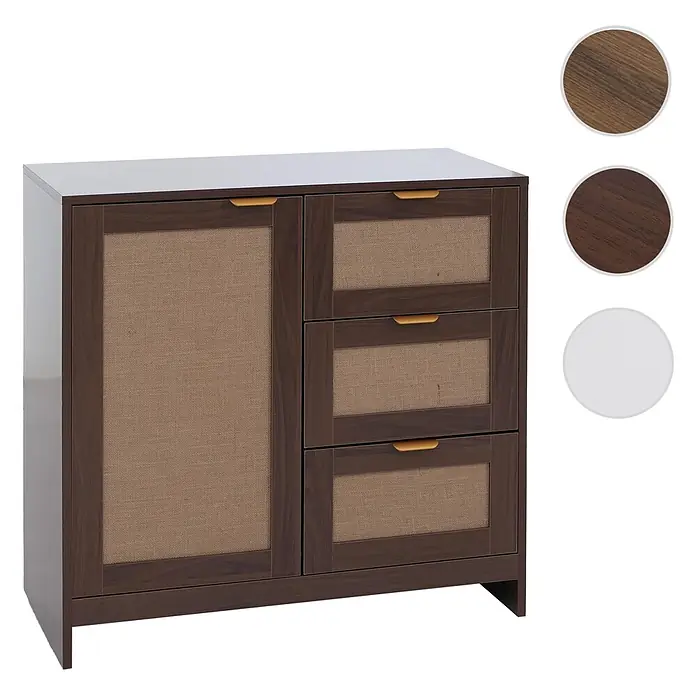 Mendler Kommode HWC-P50 MDF Melamin Leinenfront - Walnuss-Optik -  - Dunkelbrauner Schrank mit weißer Platte, einer Tür und drei Schubladen mit Naturstofffronten und goldenen Griffen. Muster zeigen Holz- und Plattenfarben.