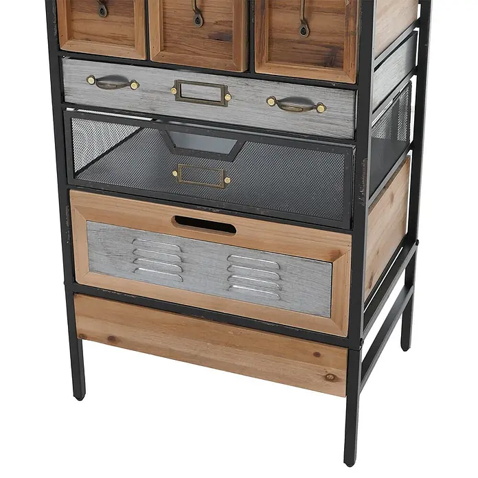 Mendler Apothekerkommode HWC-Q77, Industrial Holz Metall 85x46x35cm -  - Industrieller Mehrschubladenschrank mit Altholz, grauen Metallschubladen, schwarzem Gitter und Messingbeschlägen.