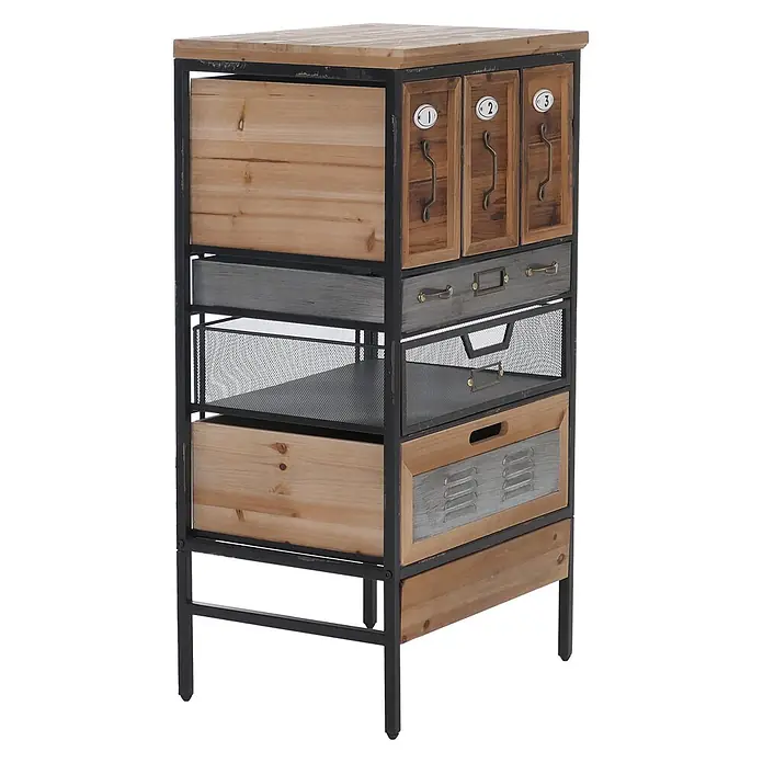 Mendler Apothekerkommode HWC-Q77, Industrial Holz Metall 85x46x35cm -  - Industrieller Schrank mit schwarzem Metallrahmen, Holzplatte und Schubladen aus Holz, grauem Metall und Drahtkörben.