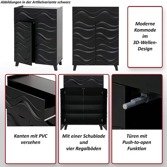 Mendler Kommode HWC-N86 - L x B x H: 76 x 36 x 107 cm, Weiß - Schwarze moderne Kommode im 3D-Wellen-Design, mit Schublade, vier Regalböden und Push-to-open Türen.