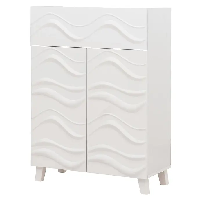 Mendler Kommode HWC-N86 - L x B x H: 76 x 36 x 107 cm, Weiß - Weißer Schrank mit wellenförmig texturierten Türen und Schublade, auf schrägen Beinen.