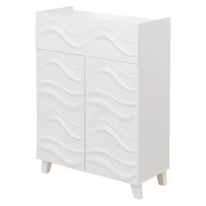 Mendler Kommode HWC-N86 - L x B x H: 76 x 36 x 107 cm, Weiß - Weißer Schrank mit gewellter Texturfront, einer oberen Schublade und zwei Türen, auf konischen Beinen.