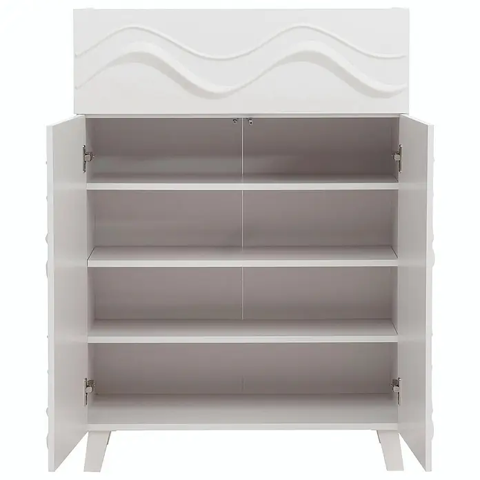 Mendler Kommode HWC-N86 - L x B x H: 76 x 36 x 107 cm, Weiß - Weißer Aufbewahrungsschrank mit offenen Türen, der mehrere Einlegeböden und ein Wellendesign oben zeigt.