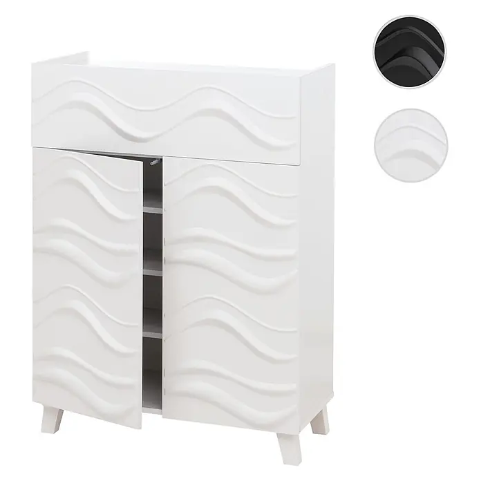 Mendler Kommode HWC-N86 - L x B x H: 76 x 36 x 107 cm, Weiß - Weißer Schuhschrank mit zwei Türen und wellenförmigem Design, eine Tür leicht geöffnet zeigt Innenfächer.