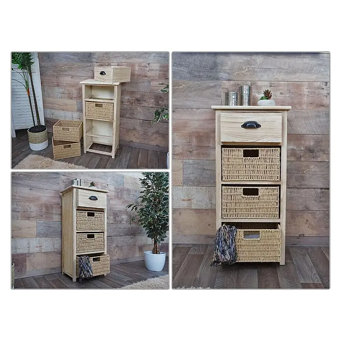Mendler Kommode HWC-K84 - L x B x H: 40 x 29 x 83 cm, Natur, Körbe hellbraun, Anzahl Schubladen: 1 Stk. - Heller Holzschrank mit einer Schublade und drei Korbschubladen, in rustikaler Raumumgebung.