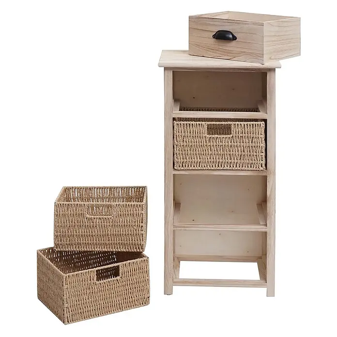 Mendler Kommode HWC-K84 - L x B x H: 40 x 29 x 83 cm, Natur, Körbe hellbraun, Anzahl Schubladen: 1 Stk. - Helles Holzregal mit Ablagen, ein geflochtener Korb eingesetzt, zwei daneben gestapelt und eine Holzbox darauf.