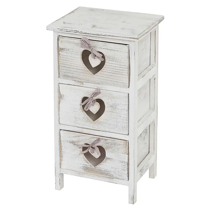 Mendler Kommode Forli 3 Schubladen mit Herzen - weiß -  - Weißer, shabby-chic Minikommode aus Holz mit drei Schubladen mit Herz-Ausschnitten und karierten Bändern.