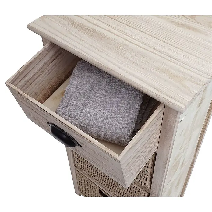 Mendler Kommode HWC-K84 - L x B x H: 40 x 29 x 83 cm, Natur, Körbe hellbraun, Anzahl Schubladen: 1 Stk. - Helles Holzschränkchen mit offener Schublade, grauem Handtuch und geflochtenen Körben.