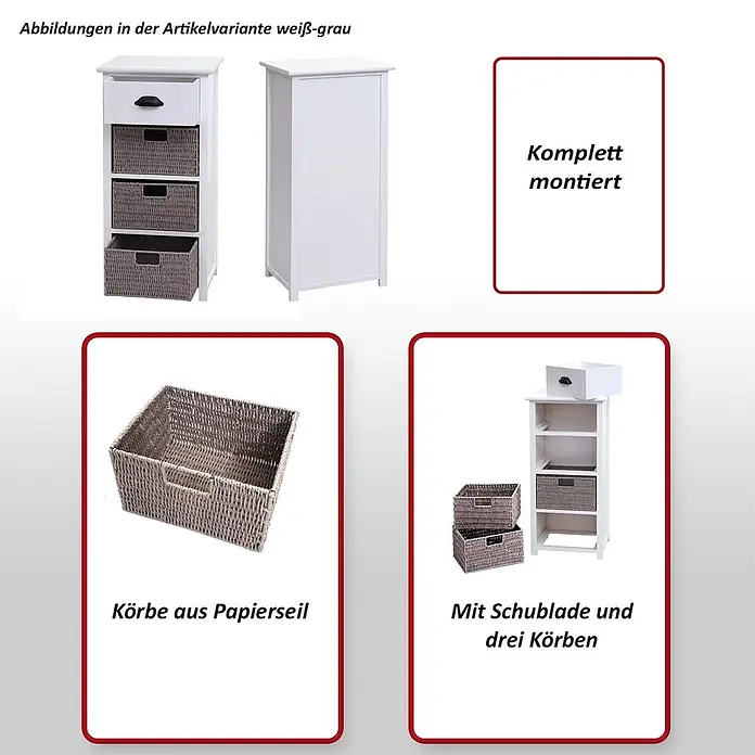 Mendler Kommode HWC-K84 - L x B x H: 40 x 29 x 83 cm, Natur, Körbe hellbraun, Anzahl Schubladen: 1 Stk. - Weißer Aufbewahrungsschrank mit Schublade und drei grauen Papierseilkörben, fertig montiert.