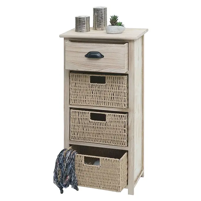 Mendler Kommode HWC-K84 - L x B x H: 40 x 29 x 83 cm, Natur, Körbe hellbraun, Anzahl Schubladen: 1 Stk. - Helles Holzregal mit einer Schublade und drei natürlichen geflochtenen Körben.