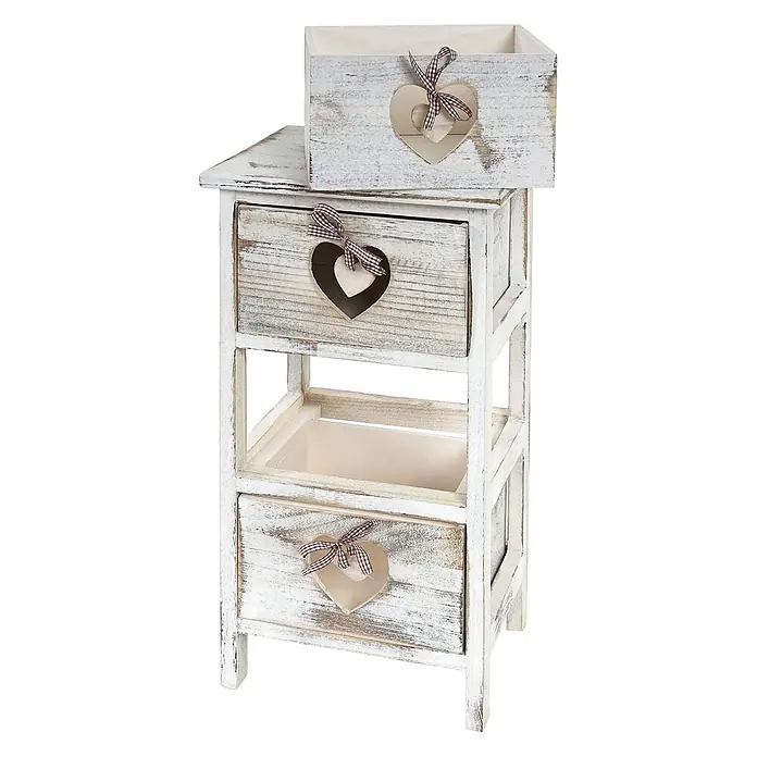 Mendler Kommode Forli 3 Schubladen mit Herzen - weiß -  - Shabby Chic distressed weißer Holzschrank mit zwei Herz-Schubladen und passender Oberbox, jeweils mit karierter Schleife.