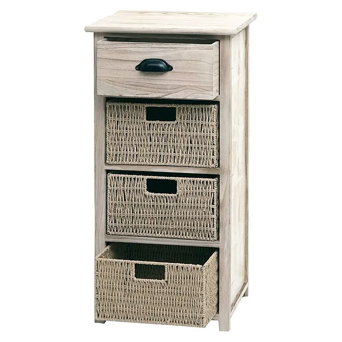 Mendler Kommode HWC-K84 - L x B x H: 40 x 29 x 83 cm, Natur, Körbe hellbraun, Anzahl Schubladen: 1 Stk. - Helles Holzschränkchen mit einer Schublade und drei geflochtenen Körben.