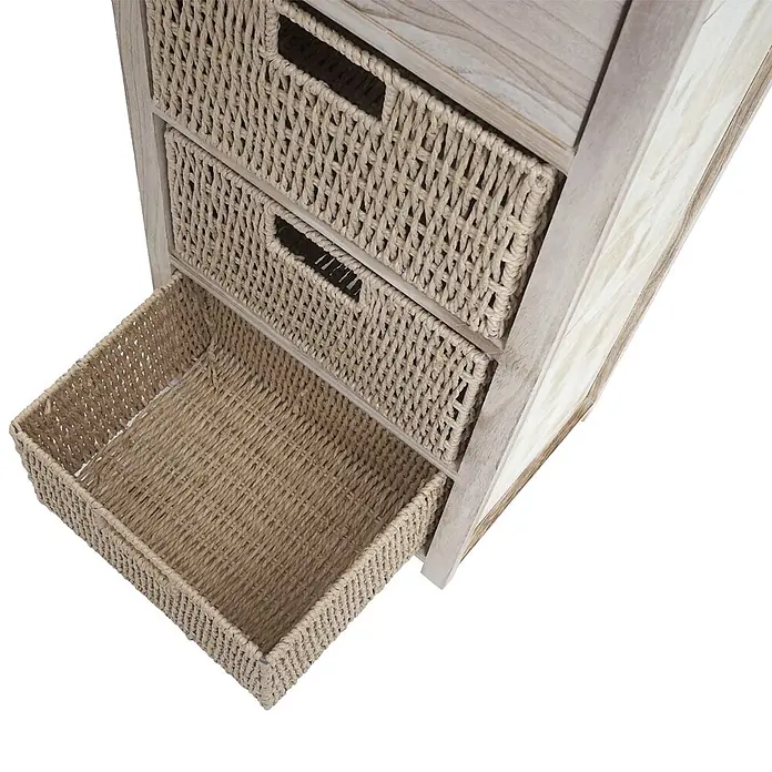 Mendler Kommode HWC-K84 - L x B x H: 40 x 29 x 83 cm, Natur, Körbe hellbraun, Anzahl Schubladen: 1 Stk. - Hellholzschrank mit drei geflochtenen Naturkörben, einer teilweise geöffnet.