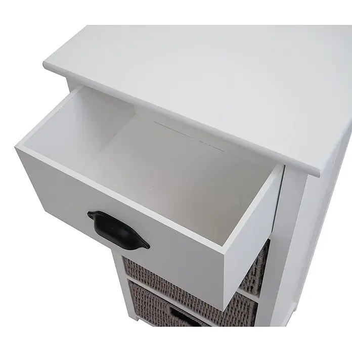 Mendler Kommode HWC-K84 83x40x29cm - weiß, Körbe grau -  - Weißer Holzschrank mit offener Schublade und geflochtenen Körben. Mit schwarzem Griff.